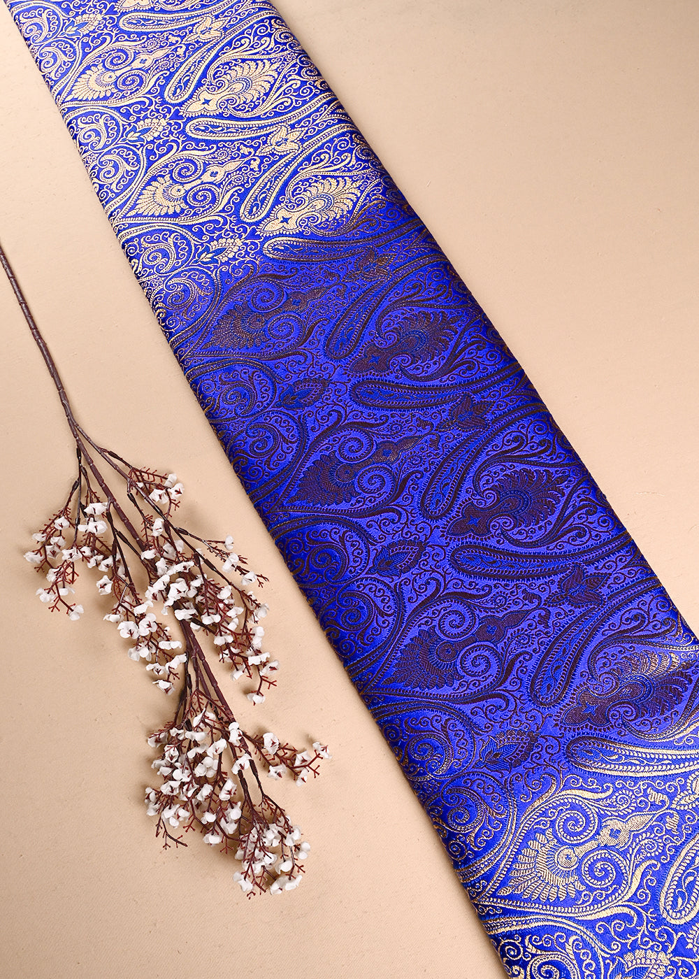 Royal Blue Banarasi Brocade Fabric With All Over Thread And Zari Handloom 24250
