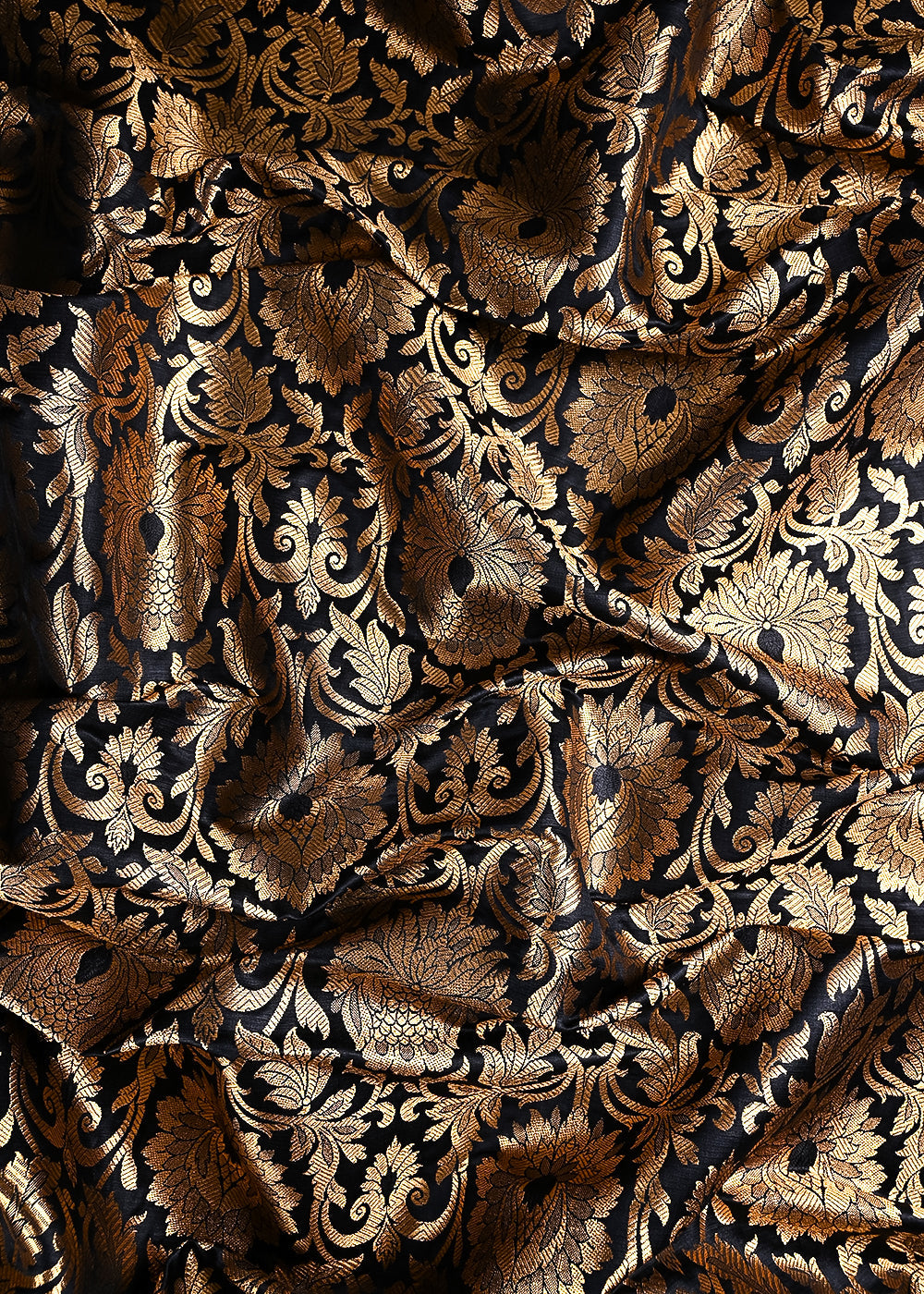Black Banarasi Brocade Fabric With All Over Thread And Golden Zari Handloom 24252