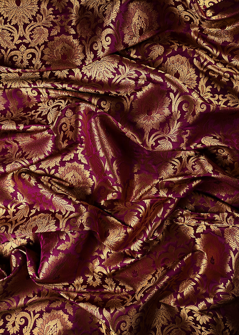 Wine Banarasi Brocade Fabric With All Over Thread And Zari Handloom 24255