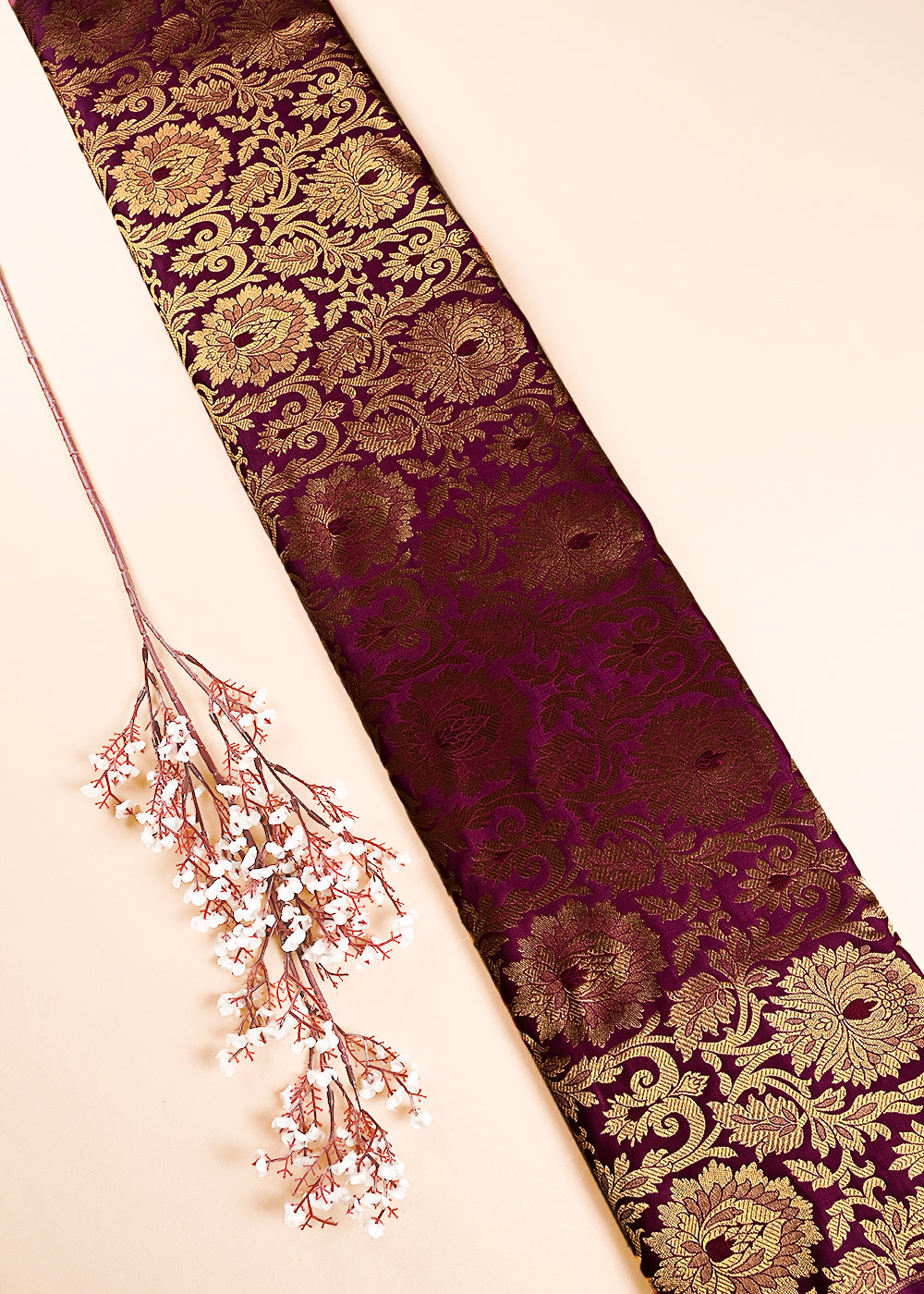 Wine Banarasi Brocade Fabric With All Over Thread And Zari Handloom 24255