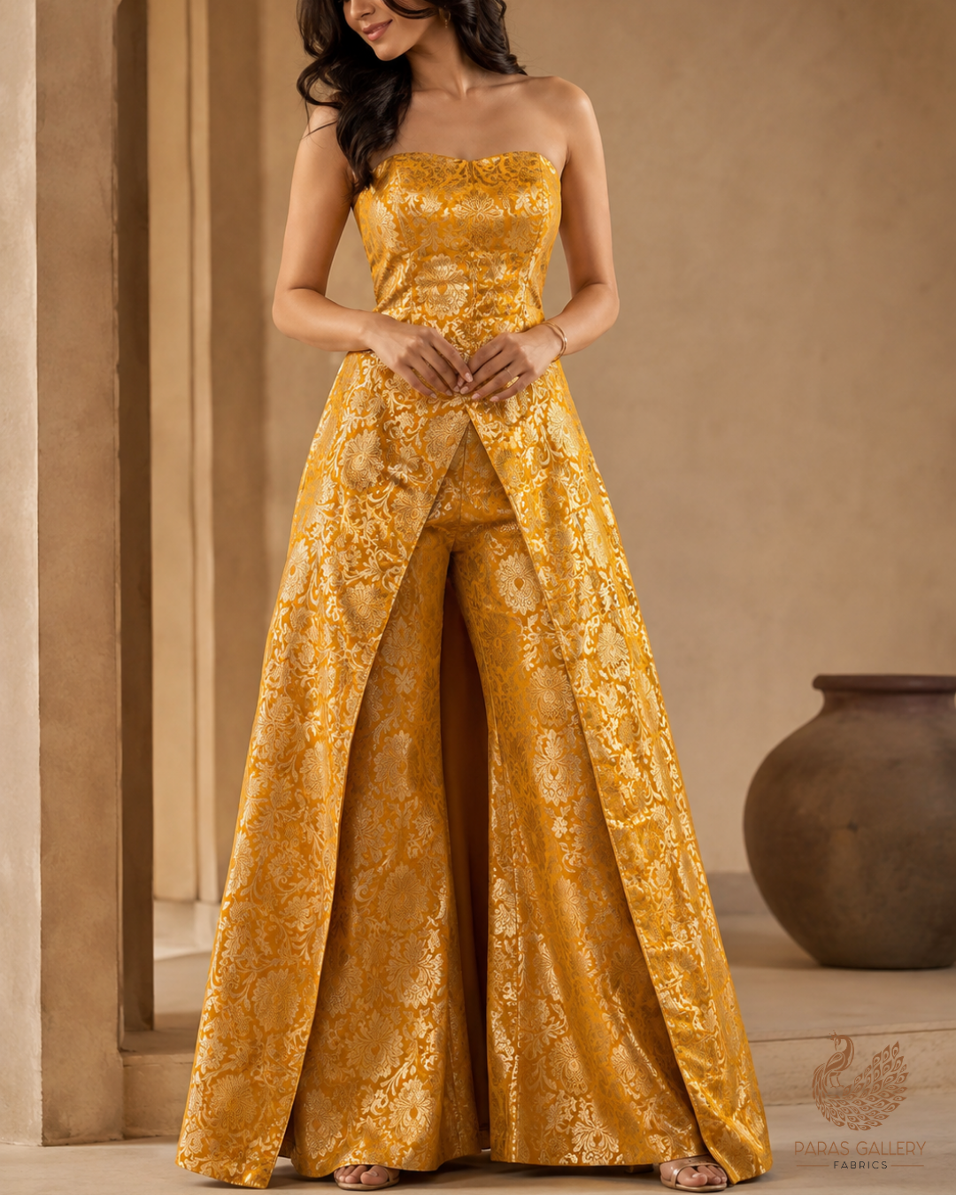 Mustard Banarasi Brocade Fabric With All Over Thread And Golden Zari Handloom 24256
