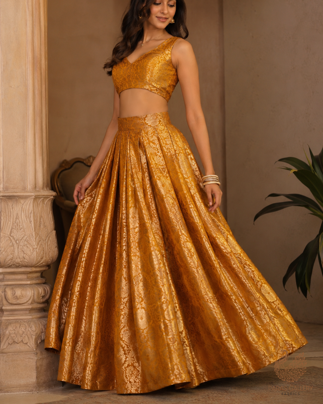 Mustard Banarasi Brocade Fabric With All Over Thread And Golden Zari Handloom 24256