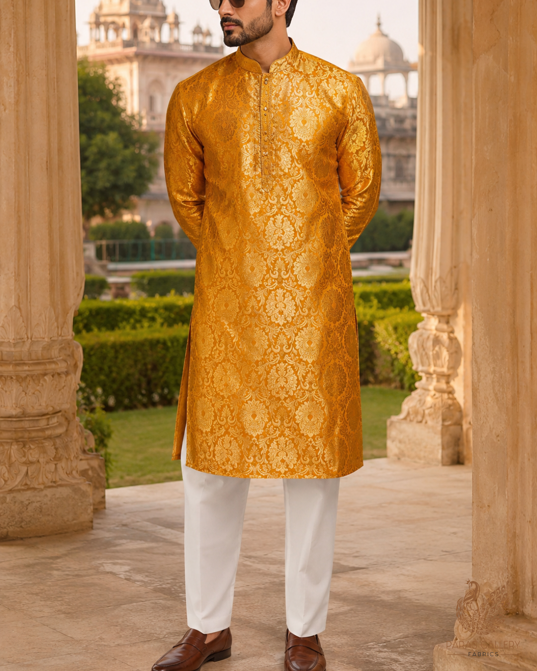 Mustard Banarasi Brocade Fabric With All Over Thread And Golden Zari Handloom 24256