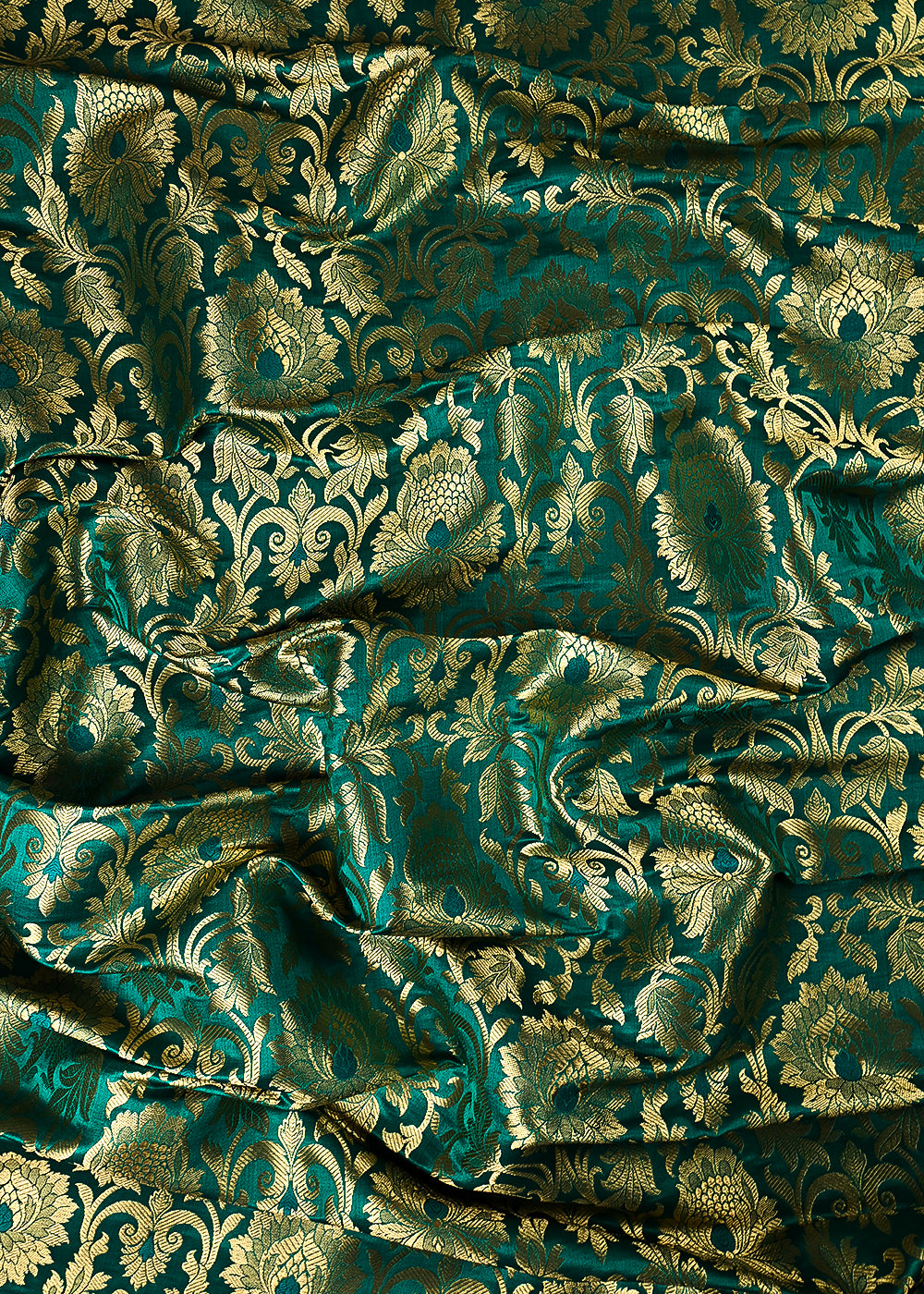 Teal Green Banarasi Brocade Fabric With All Over Thread And Golden Zari Handloom 24257