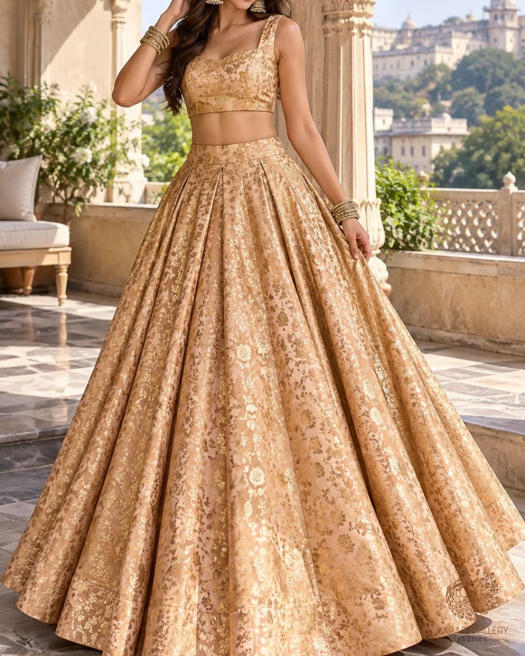Golden Banarasi Brocade Fabric With All Over Thread And Zari Handloom 24262