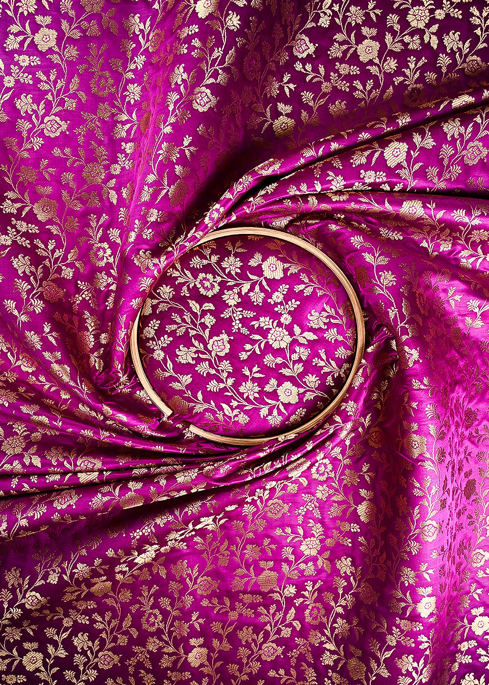 Purple Banarasi Brocade Fabric With All Over Thread And Zari Handloom 24263
