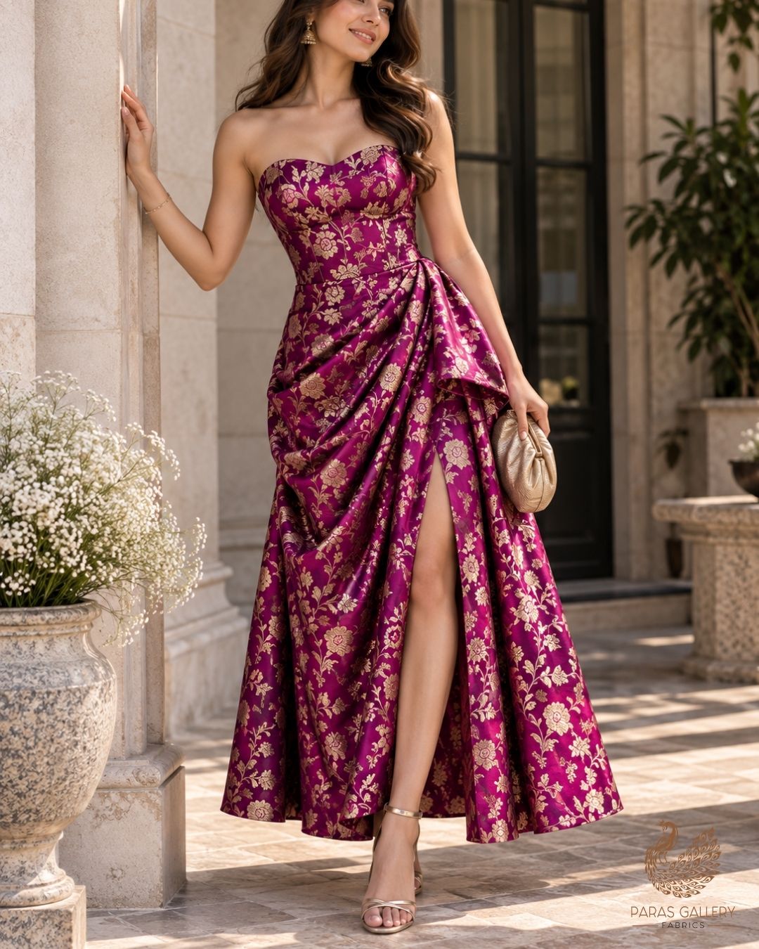 Purple Banarasi Brocade Fabric With All Over Thread And Zari Handloom 24263