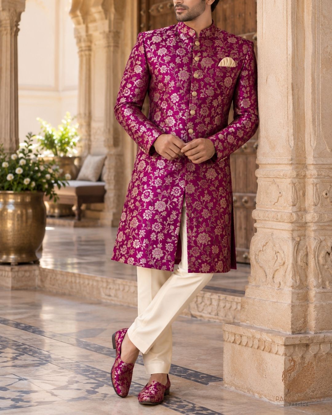 Purple Banarasi Brocade Fabric With All Over Thread And Zari Handloom 24263