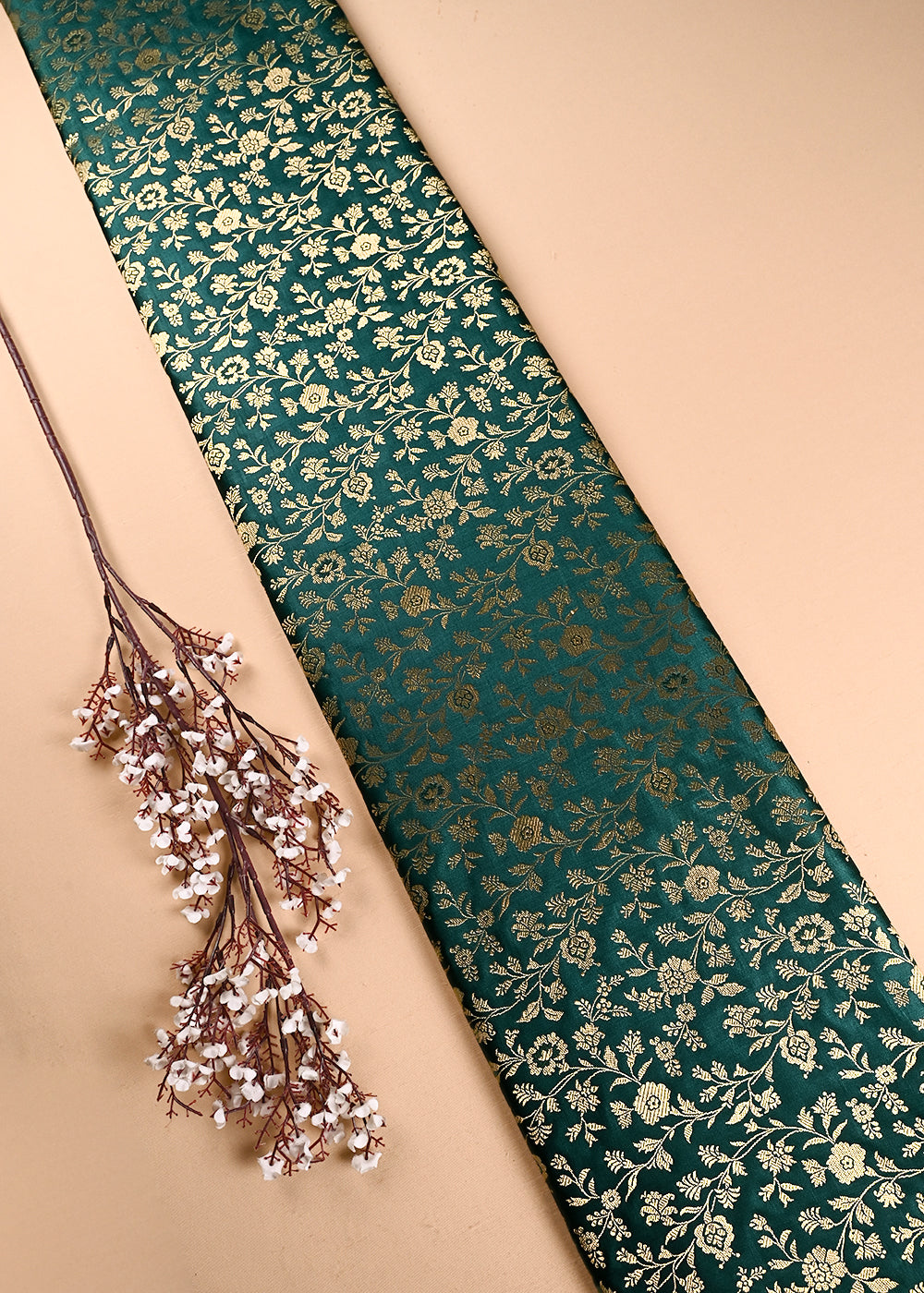 Bottle Green Banarasi Brocade Fabric With All Over Thread And Zari Handloom 24266