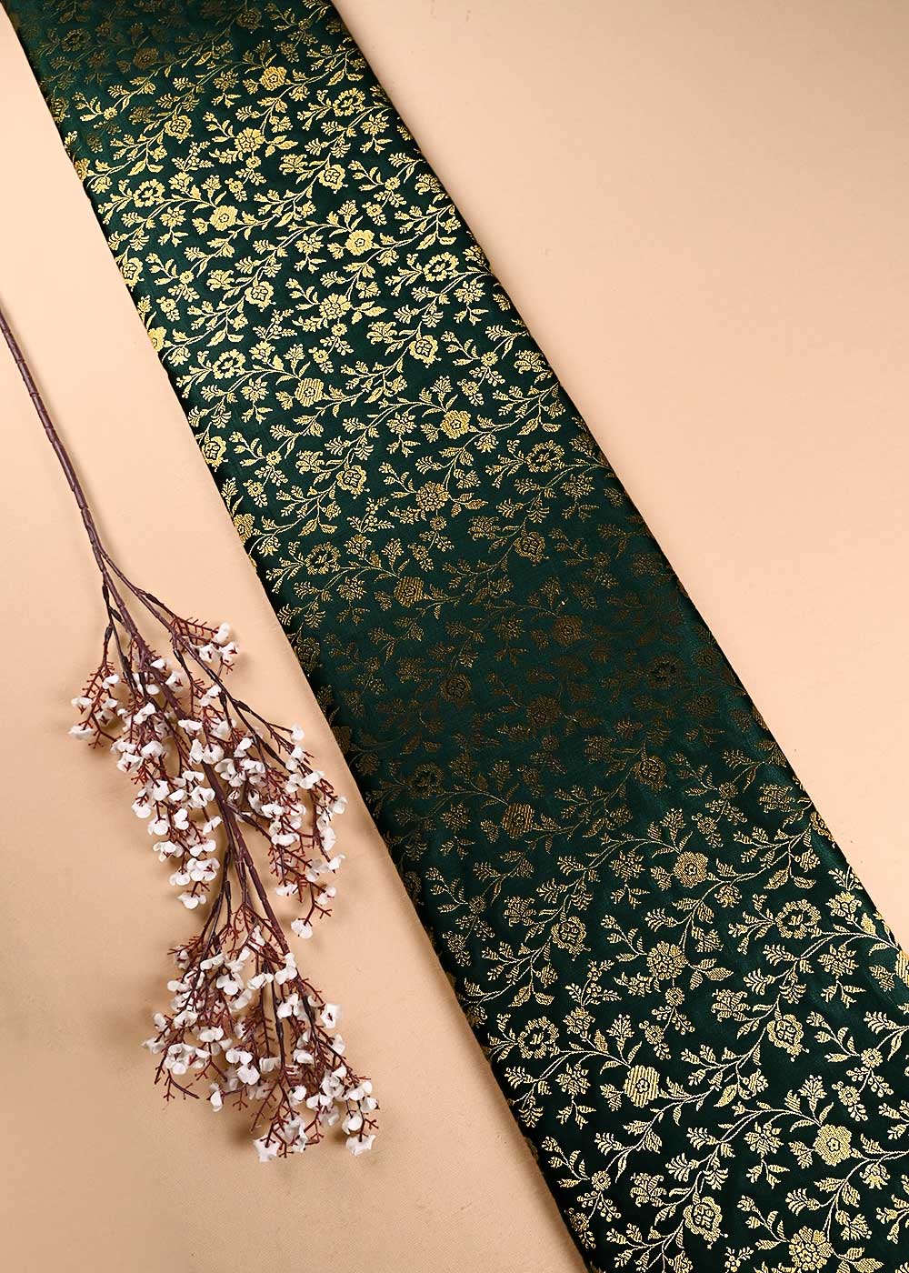 Bottle Green Banarasi Brocade Fabric With All Over Thread And Zari Handloom 24266