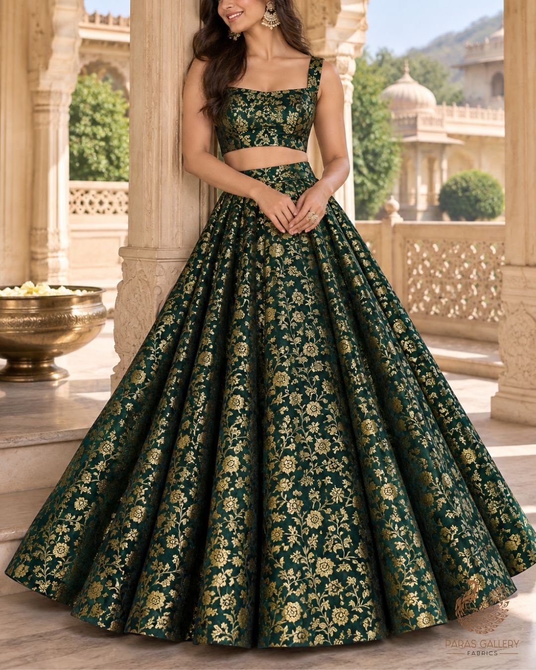 Bottle Green Banarasi Brocade Fabric With All Over Thread And Zari Handloom 24266
