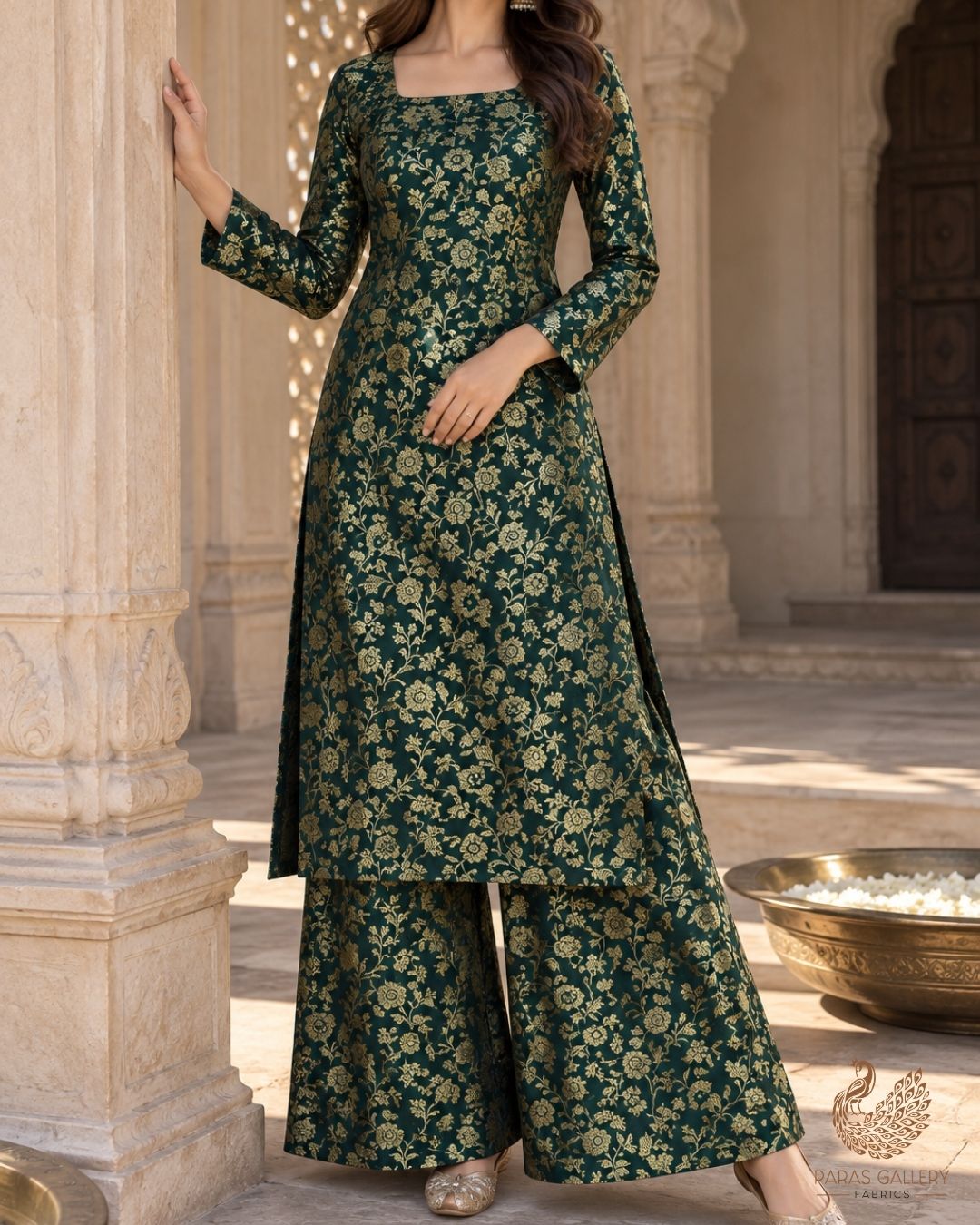 Bottle Green Banarasi Brocade Fabric With All Over Thread And Zari Handloom 24266