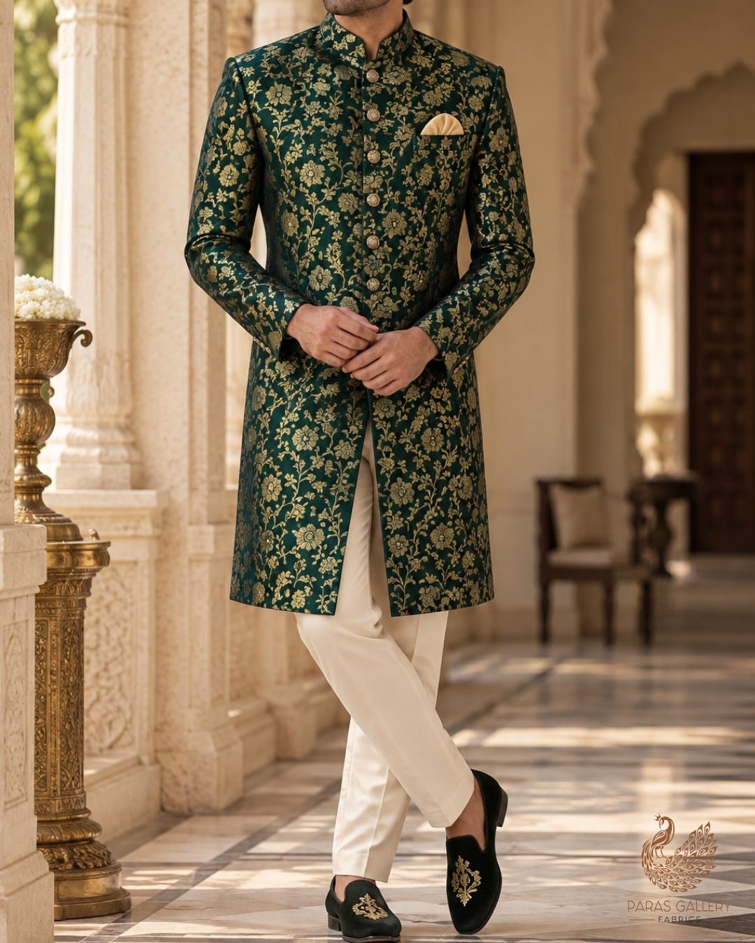 Bottle Green Banarasi Brocade Fabric With All Over Thread And Zari Handloom 24266