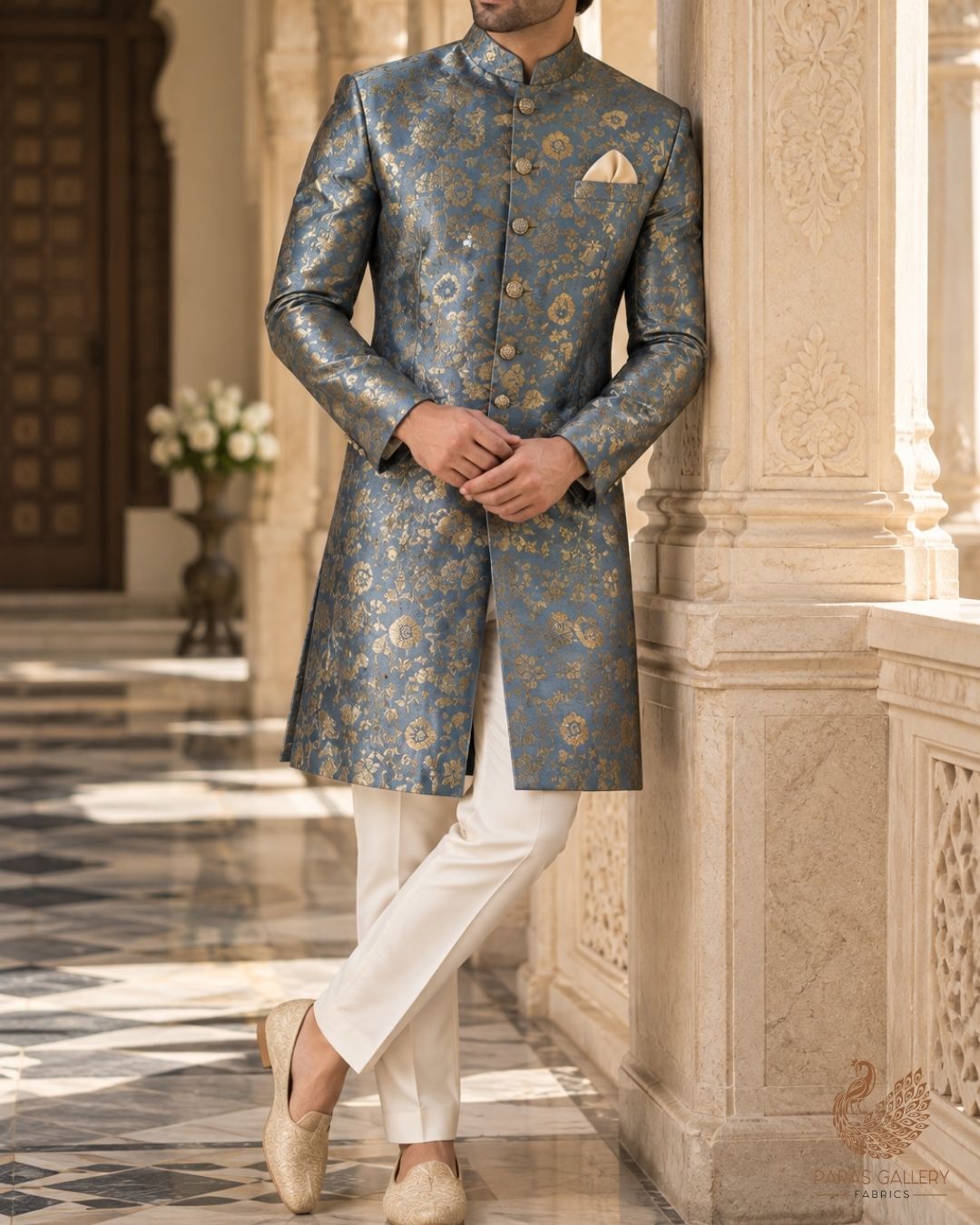 Grey Banarasi Brocade Fabric With All Over Thread And Zari Handloom 24261