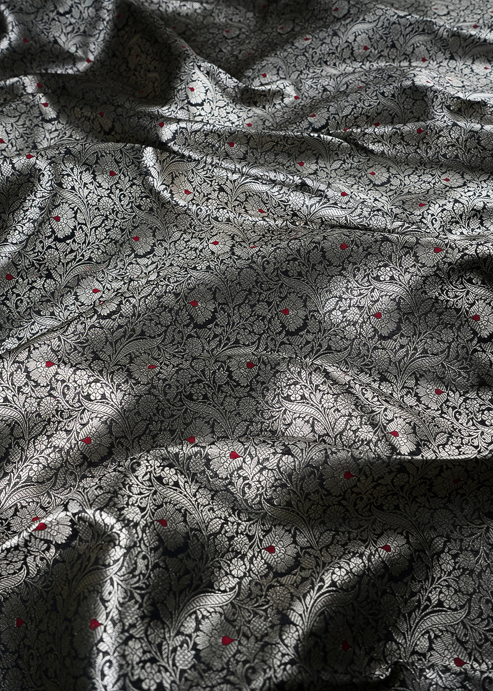 Black Banarasi Brocade Fabric With All Over Thread And Zari Handloom 24269