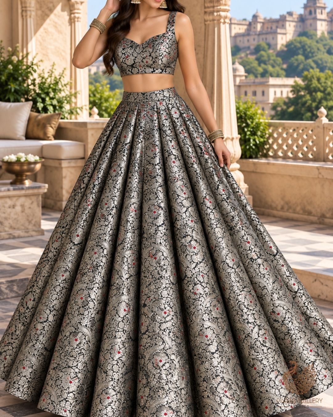 Black Banarasi Brocade Fabric With All Over Thread And Zari Handloom 24269