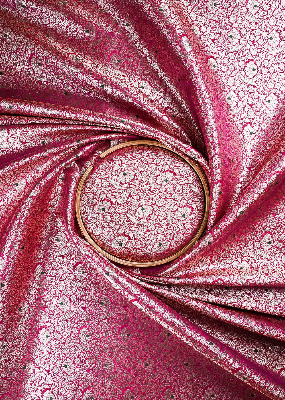 Pink Banarasi Brocade Fabric With All Over Thread And Zari Handloom 24271