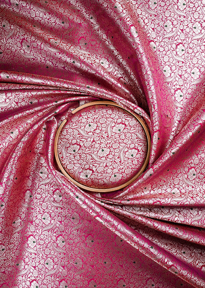 Pink Banarasi Brocade Fabric With All Over Thread And Zari Handloom 24271