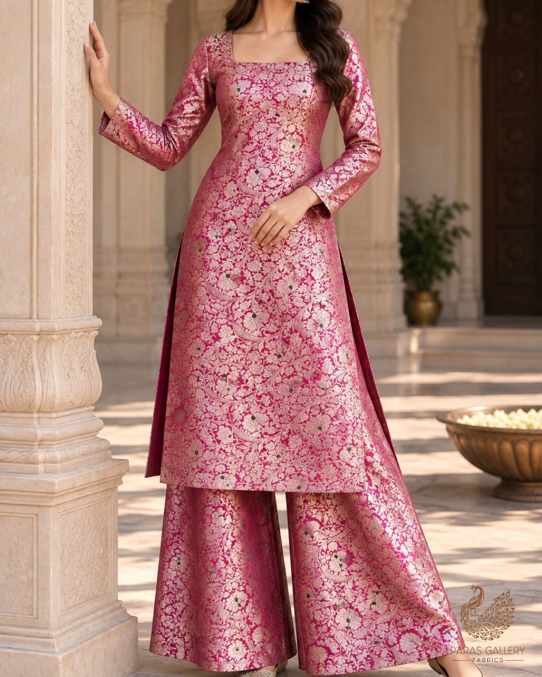 Pink Banarasi Brocade Fabric With All Over Thread And Zari Handloom 24271