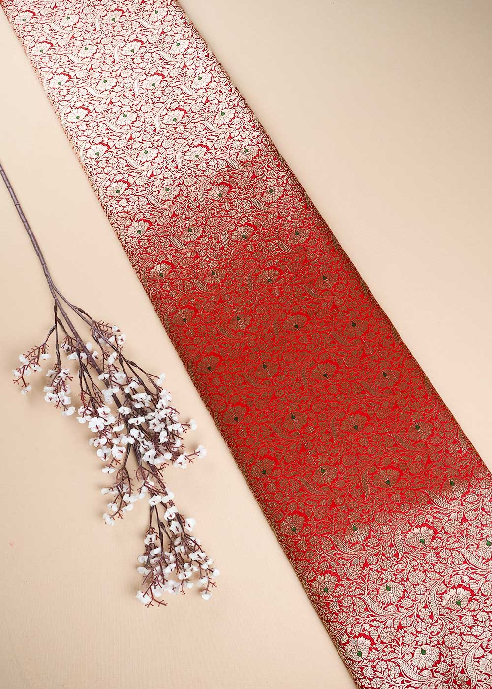 Red Banarasi Brocade Fabric With All Over Thread And Zari Handloom 24272