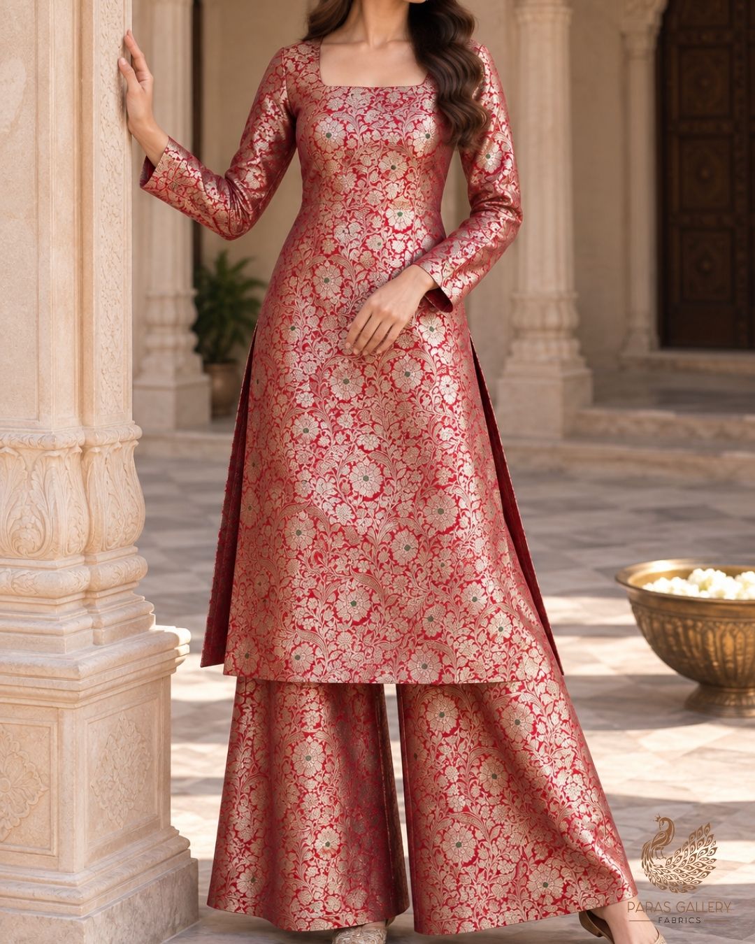 Red Banarasi Brocade Fabric With All Over Thread And Zari Handloom 24272