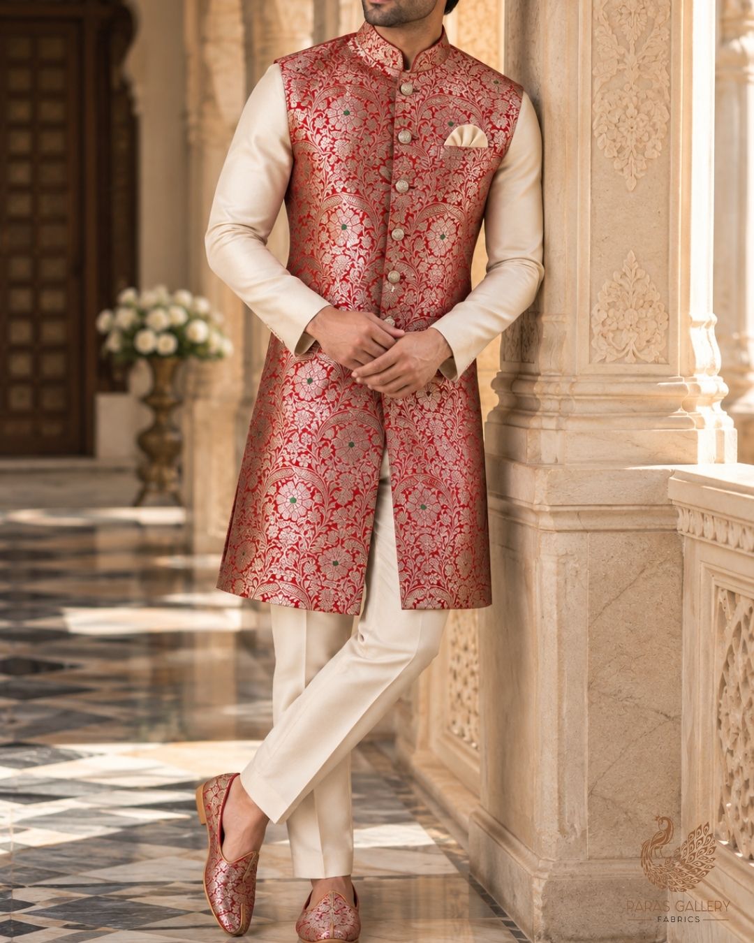 Red Banarasi Brocade Fabric With All Over Thread And Zari Handloom 24272