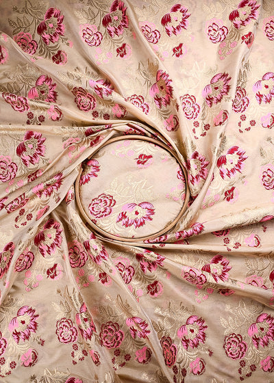 Beige Banarasi Brocade Fabric With All Over Thread And Golden Zari Handloom 24273
