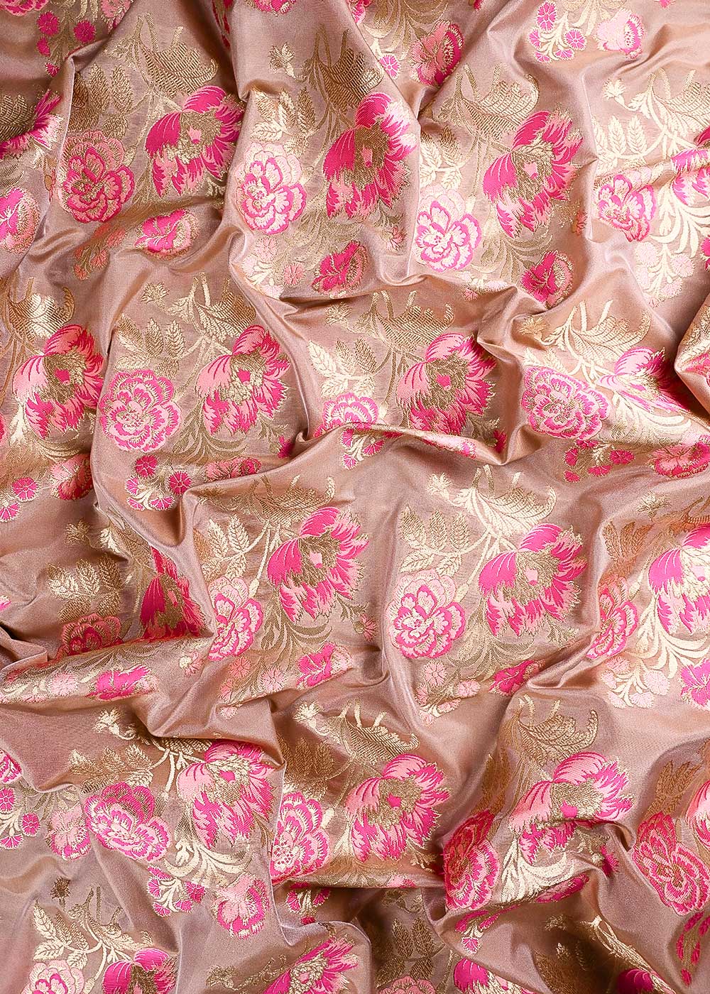 Peach Banarasi Brocade Fabric With All Over Thread And Golden Zari Handloom 24274