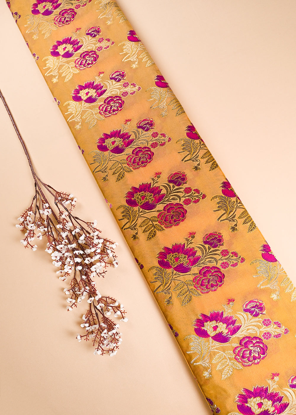 Mustard Banarasi Brocade Fabric With All Over Thread And Golden Zari Handloom 24275