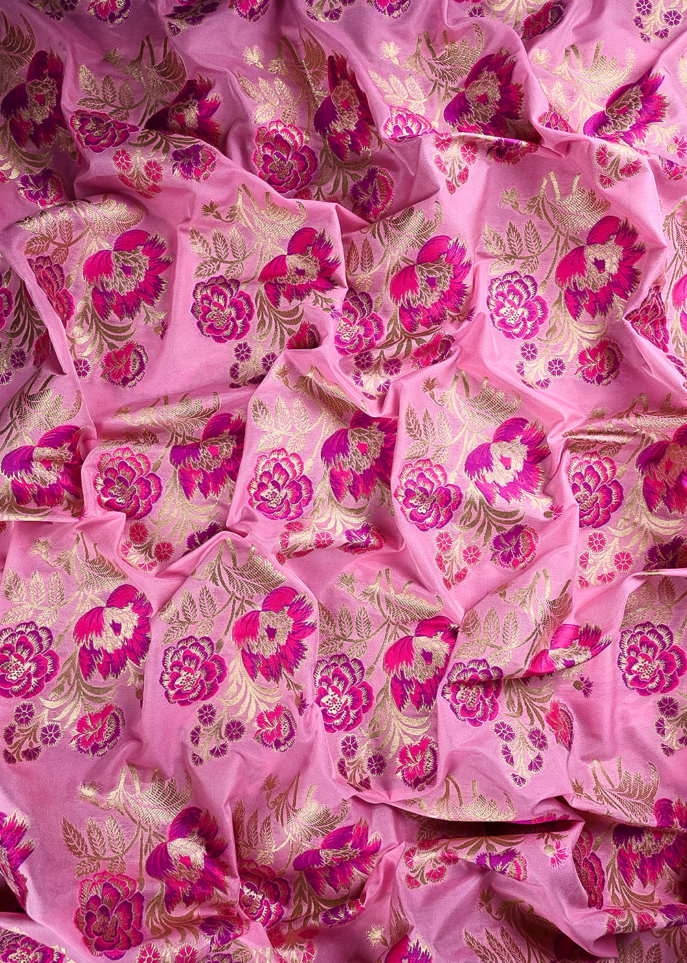 Pink Banarasi Brocade Fabric With All Over Thread And Golden Zari Handloom 24276
