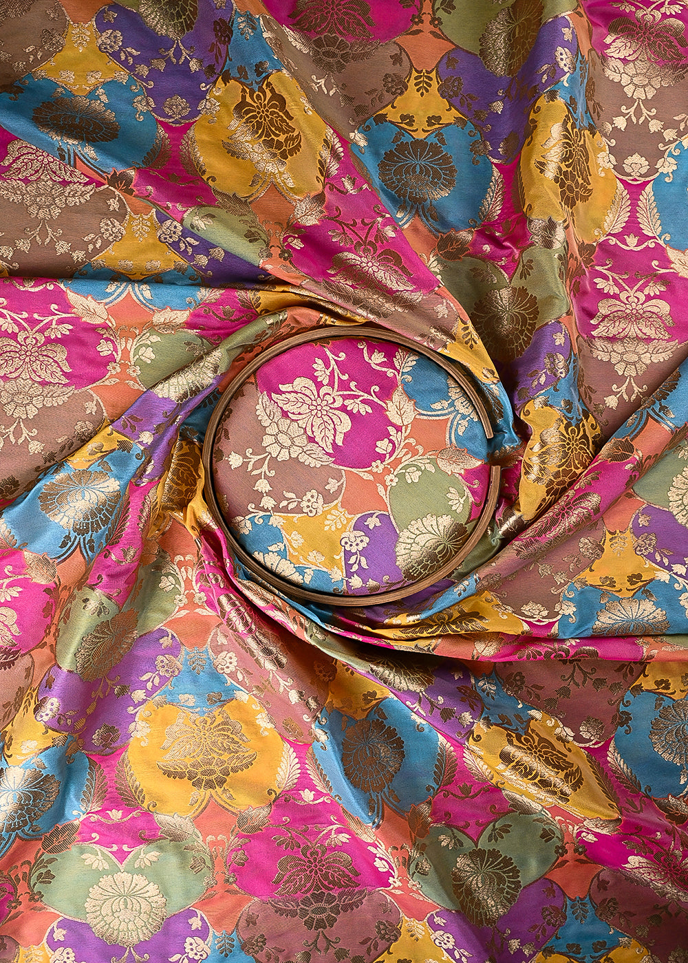 Blue Banarasi Brocade Fabric With All Over Thread And Golden Zari Handloom 24278