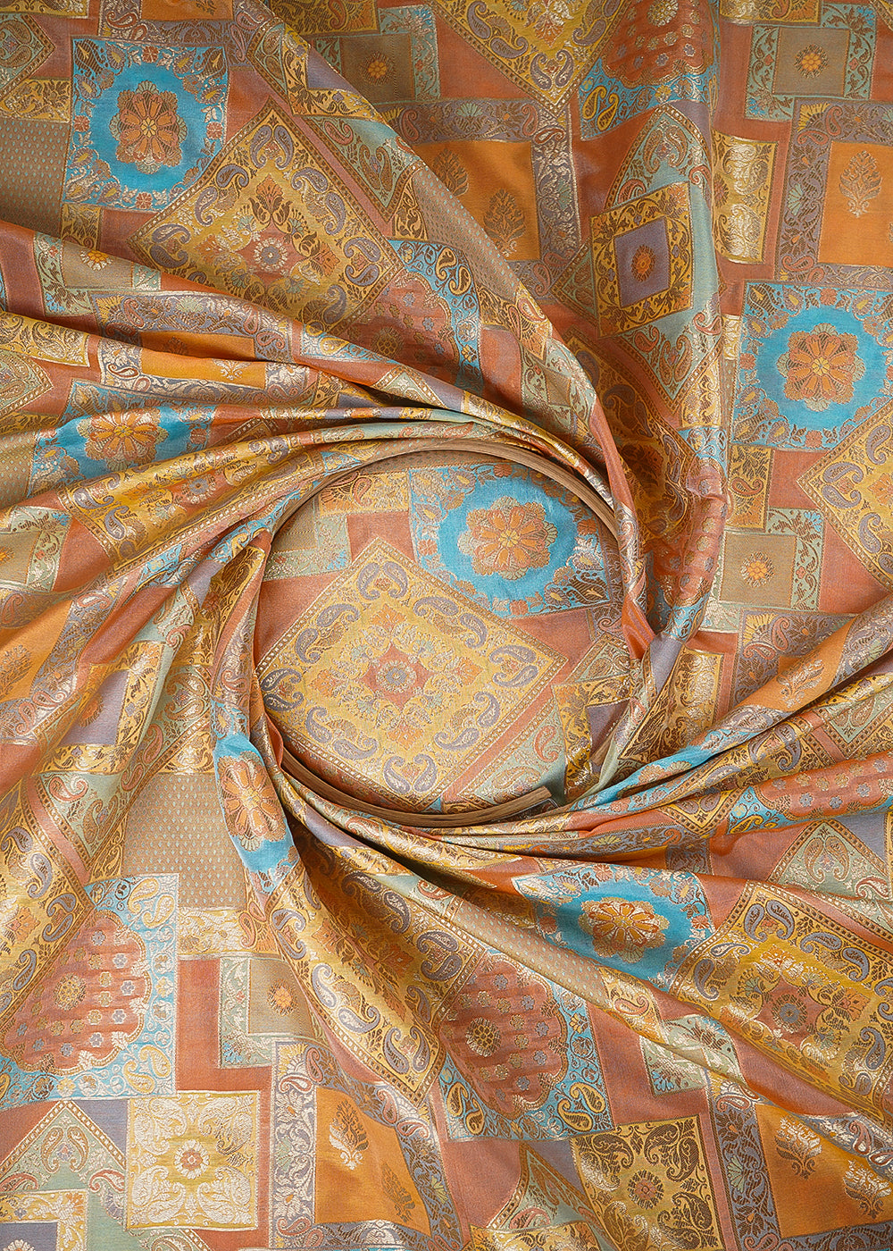 Orange Banarasi Brocade Fabric With All Over Thread And Golden Zari Handloom 24279