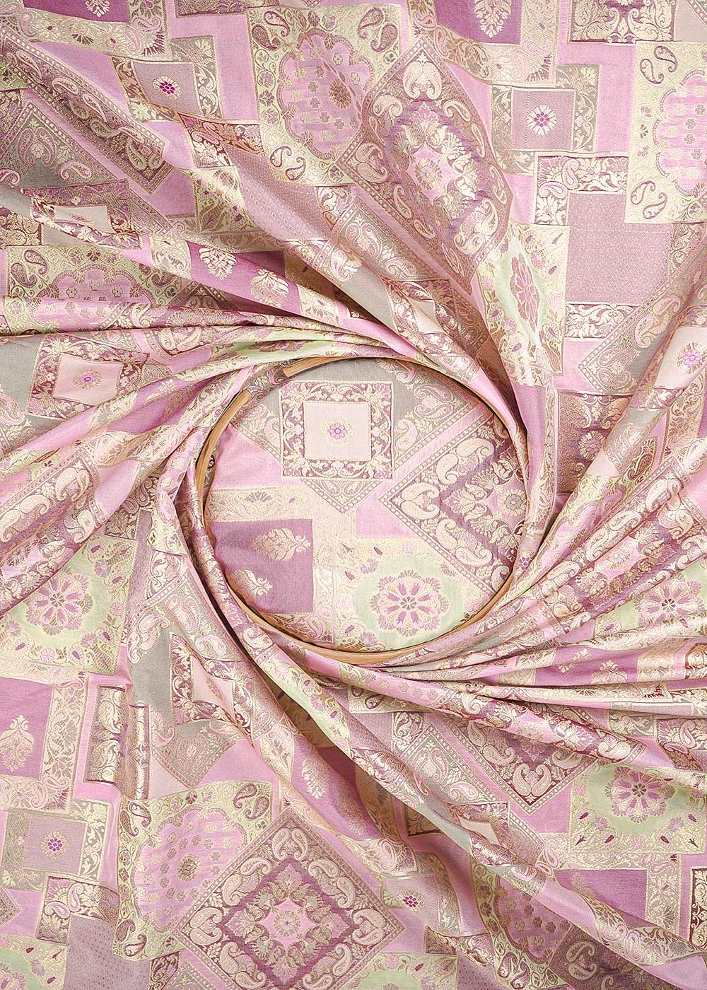 Pink Banarasi Brocade Fabric With All Over Thread And Golden Zari Handloom 24280