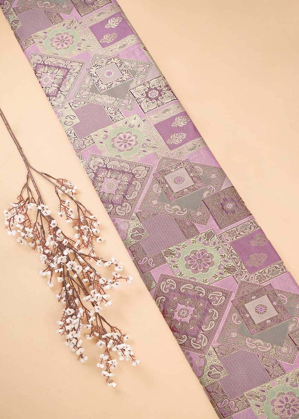 Pink Banarasi Brocade Fabric With All Over Thread And Golden Zari Handloom 24280
