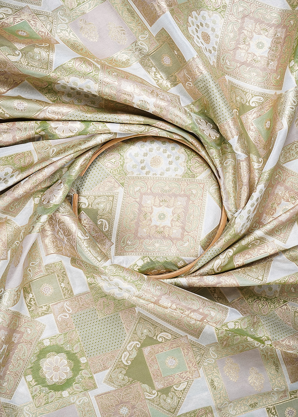Green Banarasi Brocade Fabric With All Over Thread And Golden Zari Handloom 24282