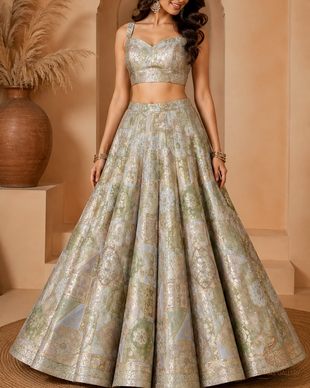 Green Banarasi Brocade Fabric With All Over Thread And Golden Zari Handloom 24282