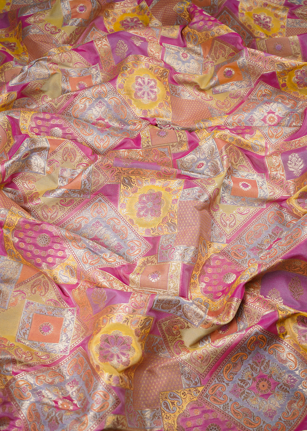 Magenta Banarasi Brocade Fabric With All Over Thread And Golden Zari Handloom 24283