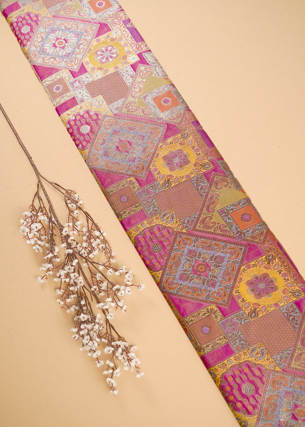 Magenta Banarasi Brocade Fabric With All Over Thread And Golden Zari Handloom 24283