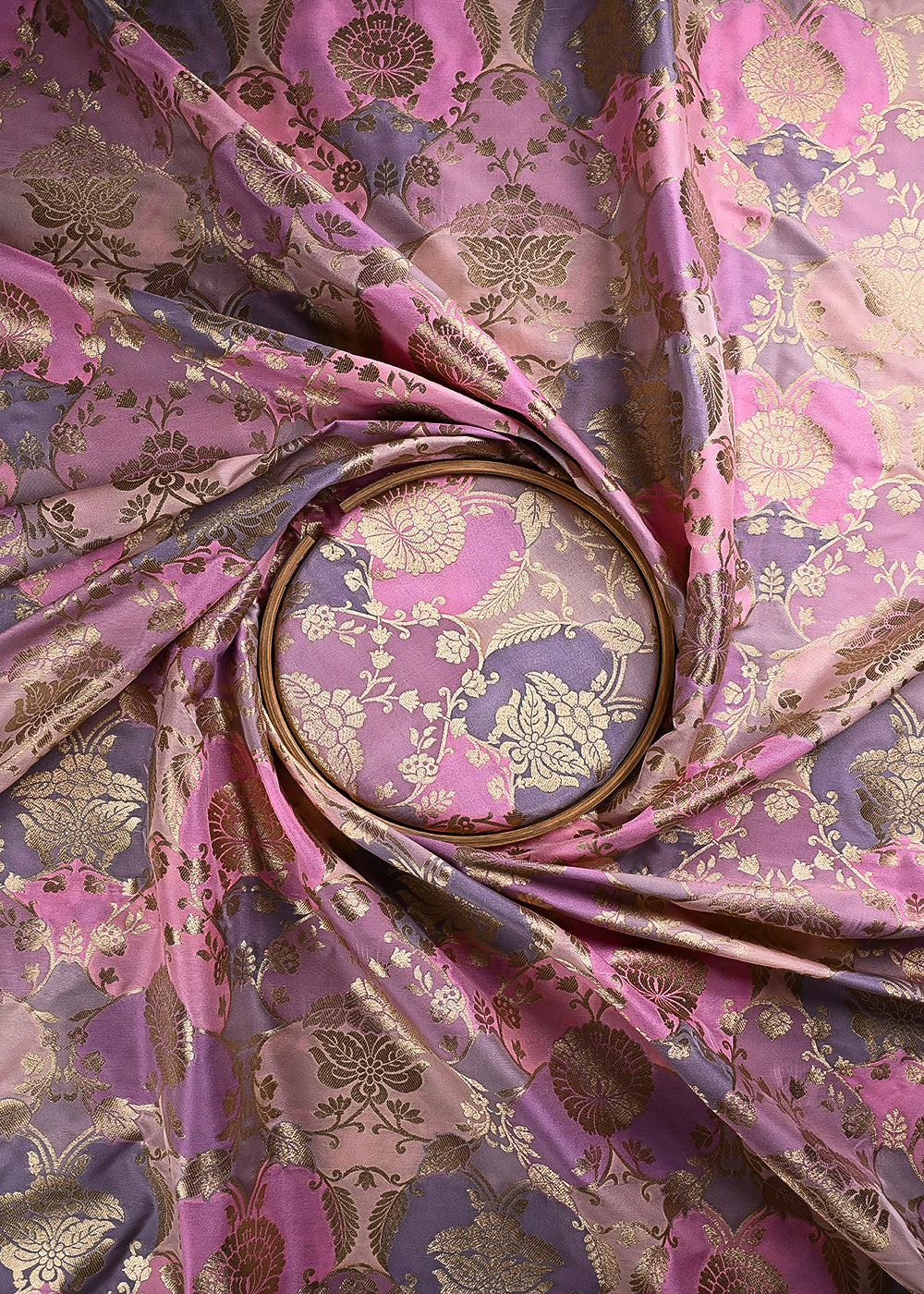 Pink Banarasi Brocade Fabric With All Over Thread And Golden Zari Handloom 24286