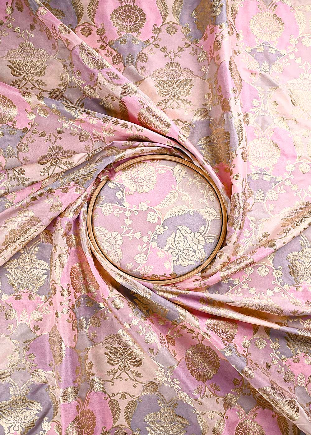 Pink Banarasi Brocade Fabric With All Over Thread And Golden Zari Handloom 24286