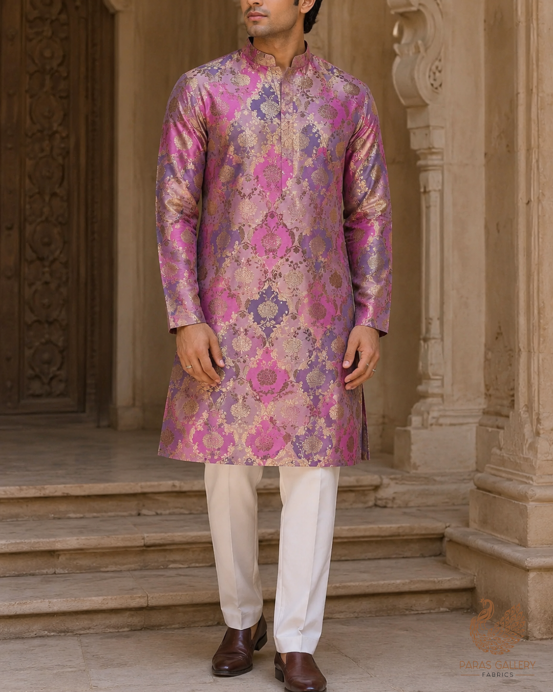 Pink Banarasi Brocade Fabric With All Over Thread And Golden Zari Handloom 24286