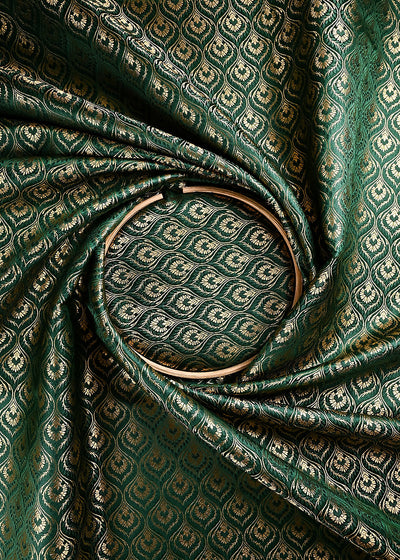 Bottle Green Banarasi Brocade Fabric With All Over Thread And Zari Handloom 24287