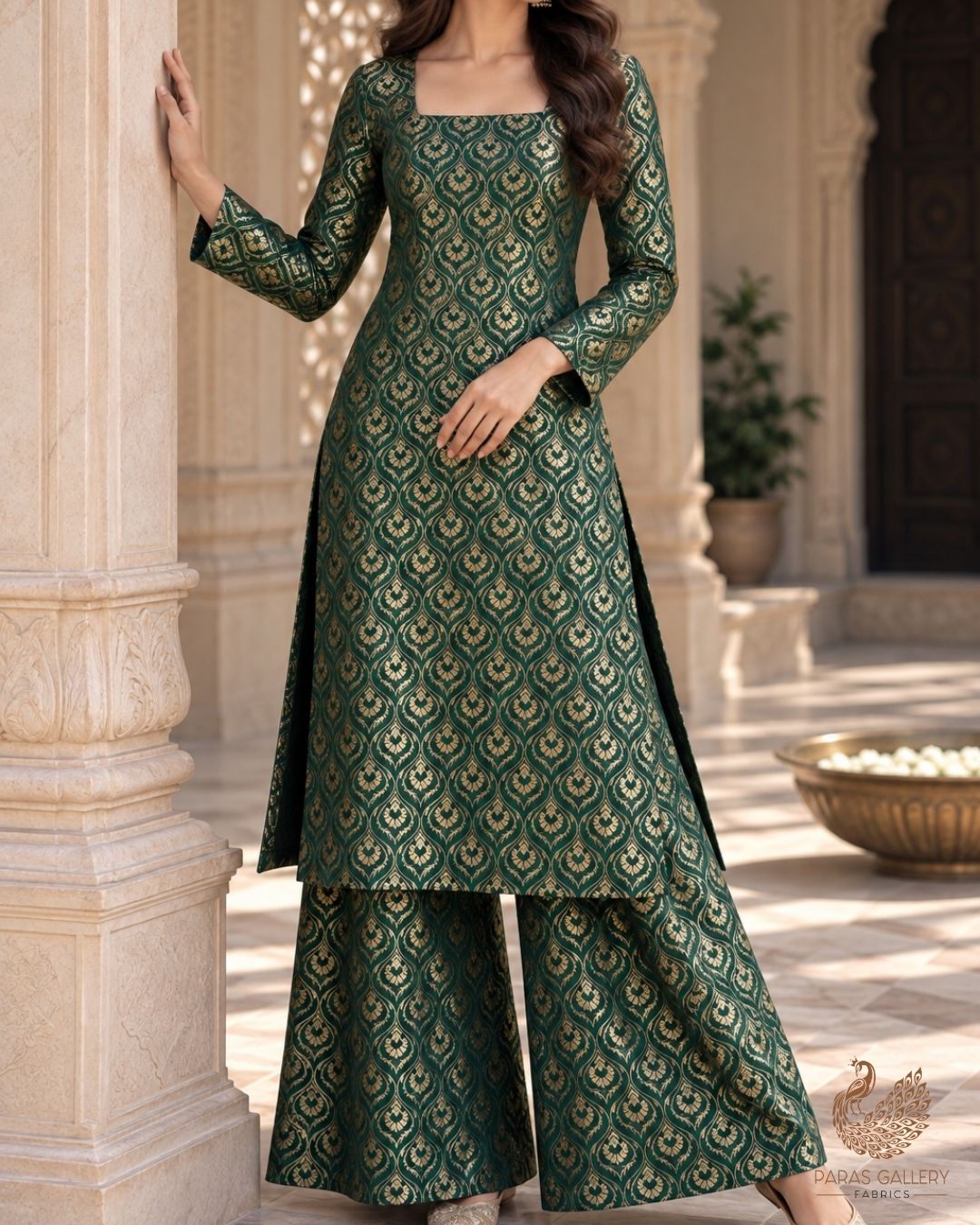Bottle Green Banarasi Brocade Fabric With All Over Thread And Zari Handloom 24287