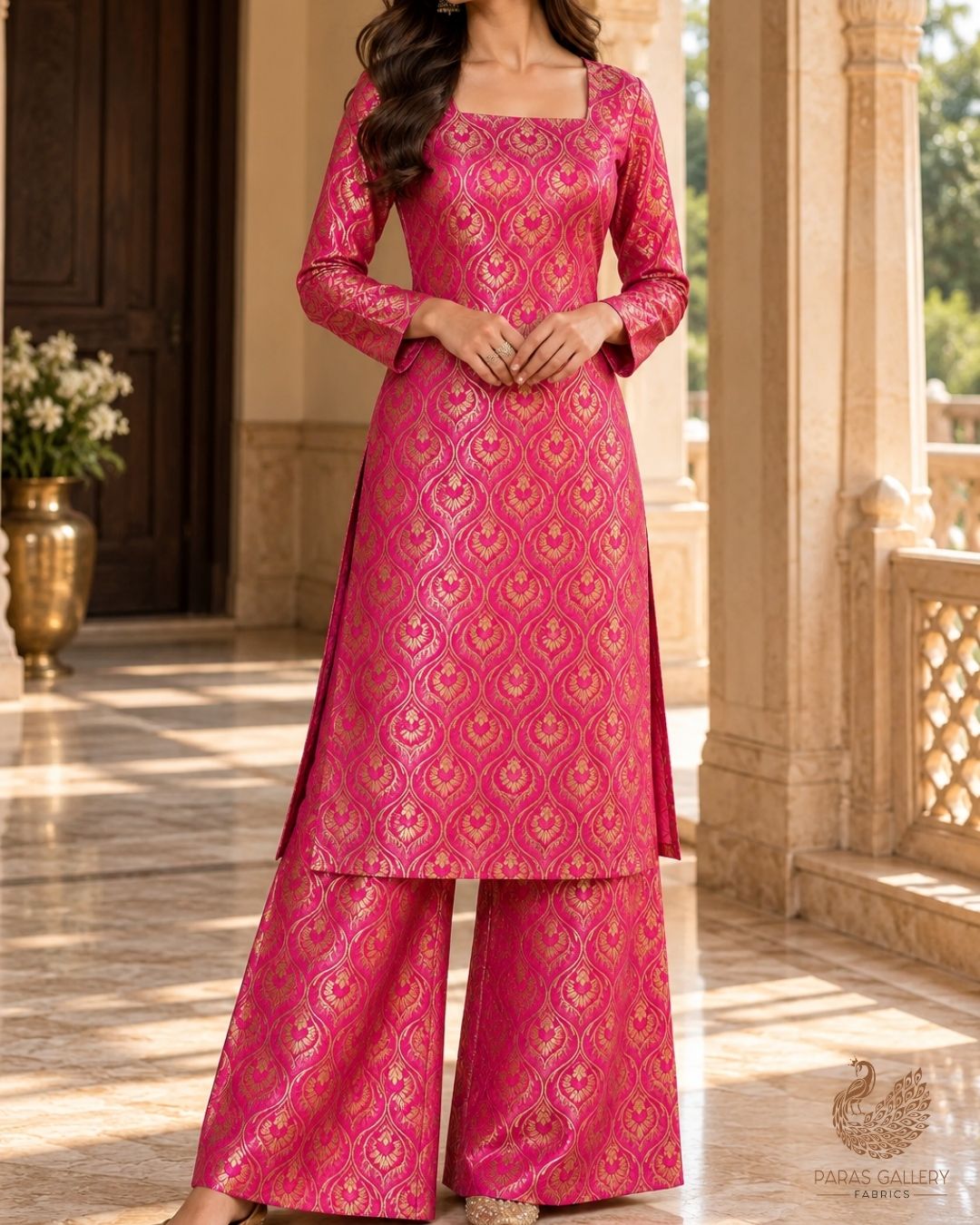 Rani Pink Banarasi Brocade Fabric With All Over Thread And Zari Handloom 24288