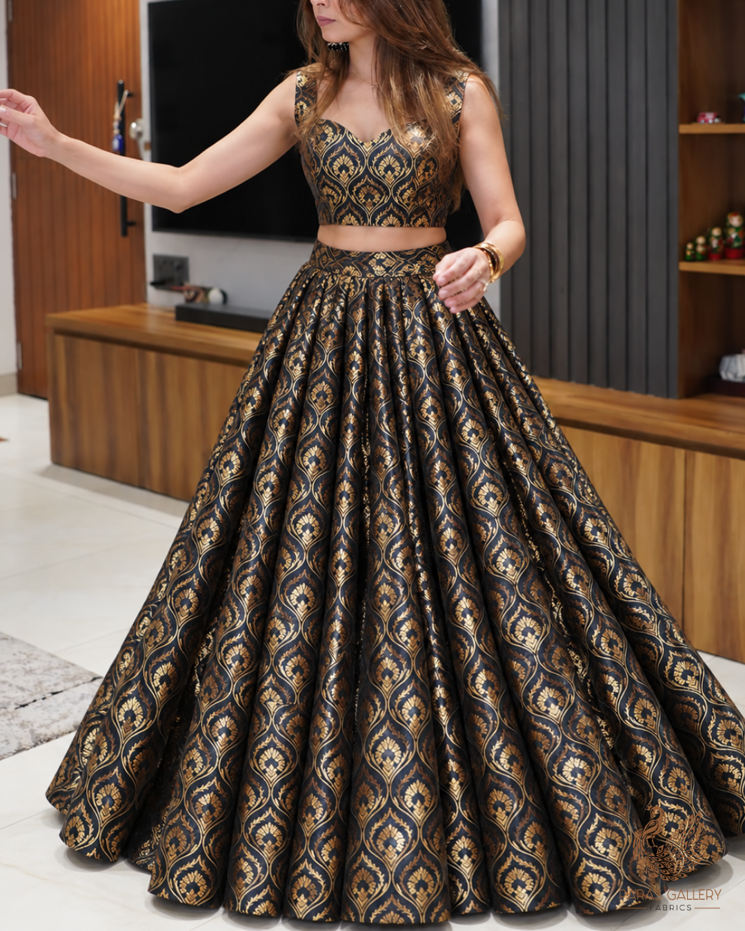 Black Banarasi Brocade Fabric With All Over Thread And Zari Handloom 24289