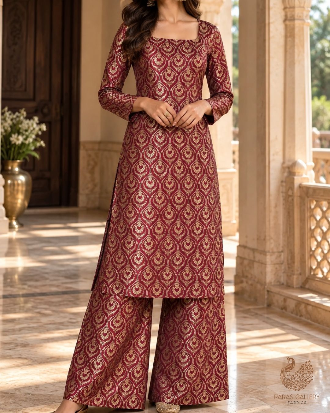 Maroon Banarasi Brocade Fabric With All Over Thread And Zari Handloom 24290