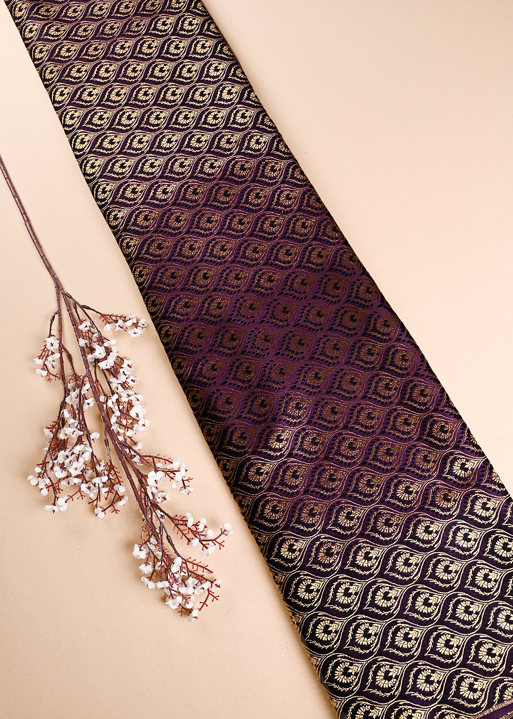 Purple Banarasi Brocade Fabric With All Over Thread And Zari Handloom 24291