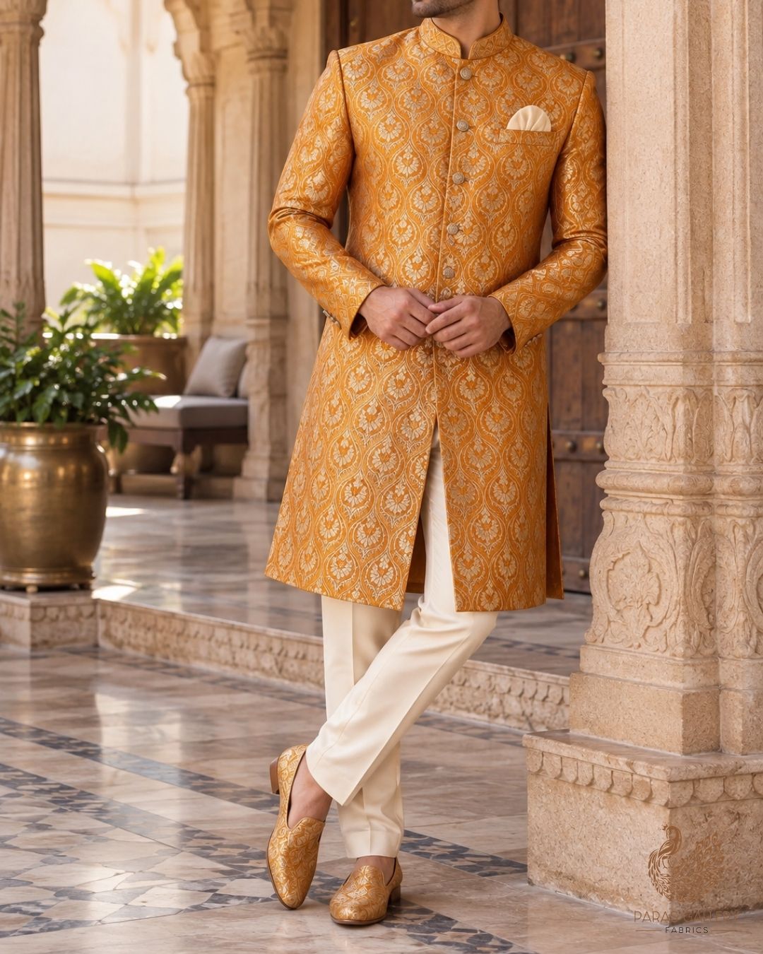 Mustard Banarasi Brocade Fabric With All Over Thread And Zari Handloom 24292
