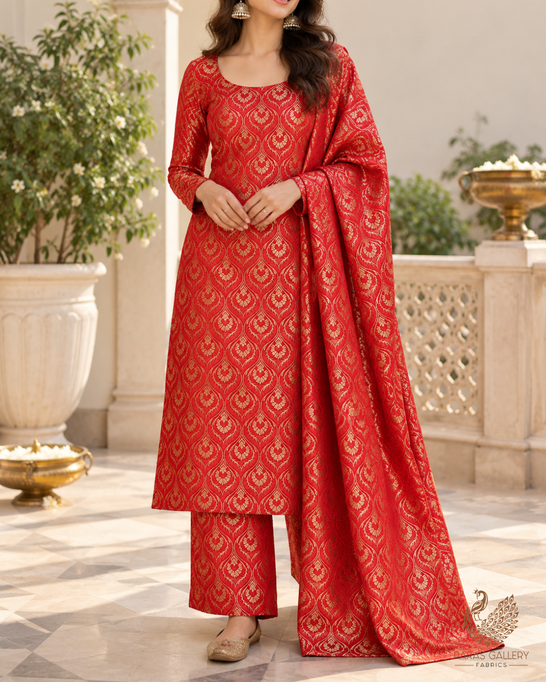 Red Banarasi Brocade Fabric With All Over Thread And Zari Handloom 24293
