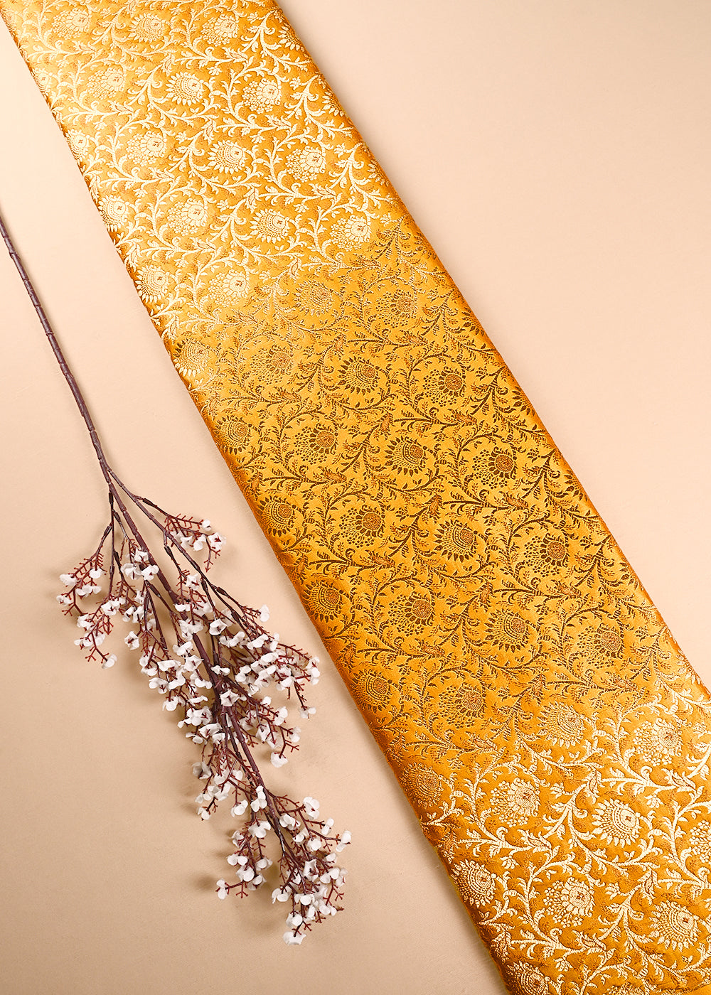 Mustard Banarasi Brocade Fabric With All Over Thread And Zari Handloom 24294